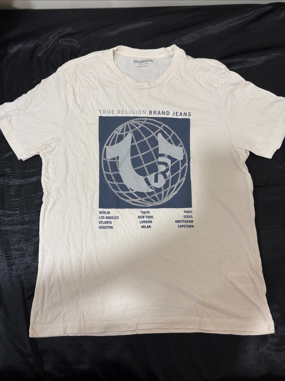 True Religion Men’s White Tee with Navy Globe Graphic